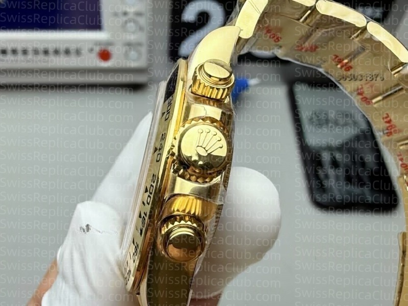 Detailed close-up of Rolex logo crown on Clean Factory Daytona super clone showing screw-down mechanism and finishing