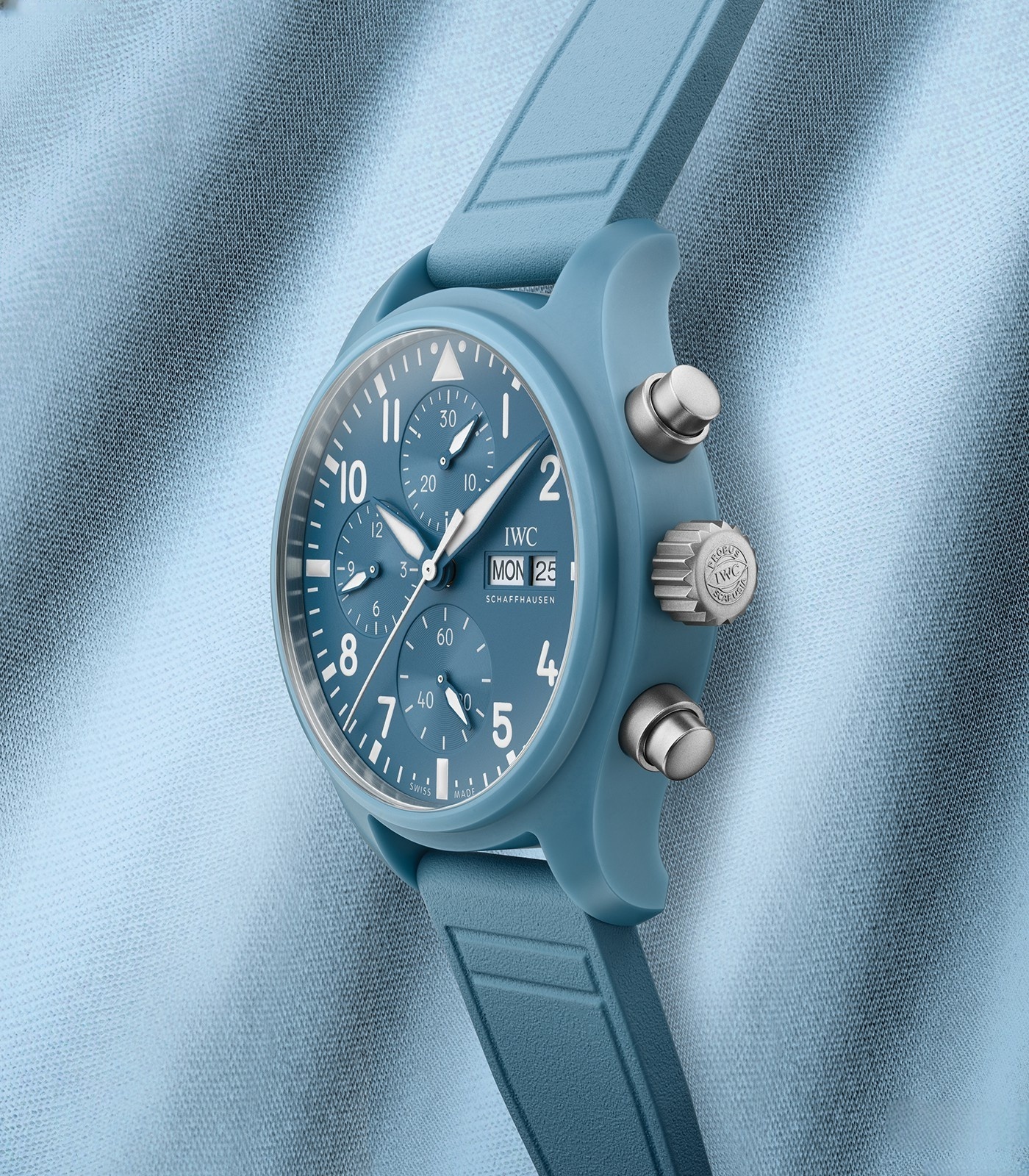 IWC Top Gun Miramar IW389409 super clone watch with light blue ceramic case and blue rubber strap