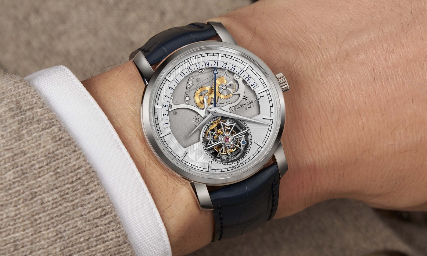 Vacheron Constantin Traditionnelle Tourbillon Retrograde Calendar Skeleton Super Clone wristshot on male wrist